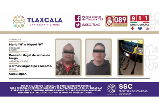 SSC detiene en Calpulalpan a dos presuntos responsables de posesión ilegal de arma de fuego
