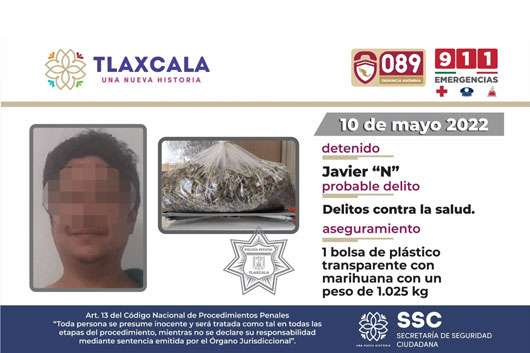 La SSC detiene en Tlaxcala a una persona por posesión de enervantes