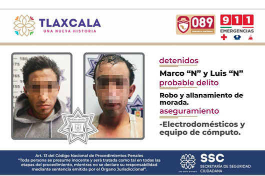 SSC detiene en Yauhquemehcan a dos presuntos responsables de robo y allanamiento de morada
