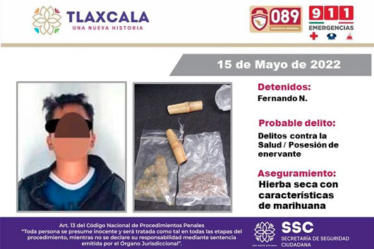 La SSC asegura a una persona por la posesión ilegal de enervantes en Xicohtzingo