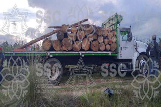 Aseguró SSC tractocamión y rollos de madera en Tlalcuapan 