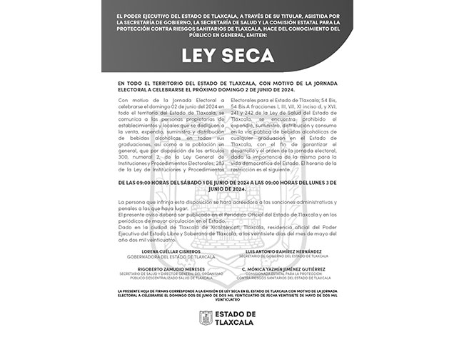 Ley Seca en Tlaxcala contribuye al desarrollo ordenado de la jornada electoral del 2 de junio
