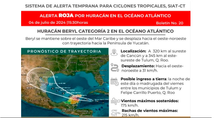 Decretan ‘Alerta Roja’ ante inminente impacto de ‘Beryl’ en Quintana Roo