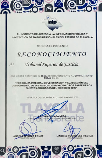 Reconoce IAIP al Poder Judicial por cumplir el 100 por ciento sus obligaciones de transparencia