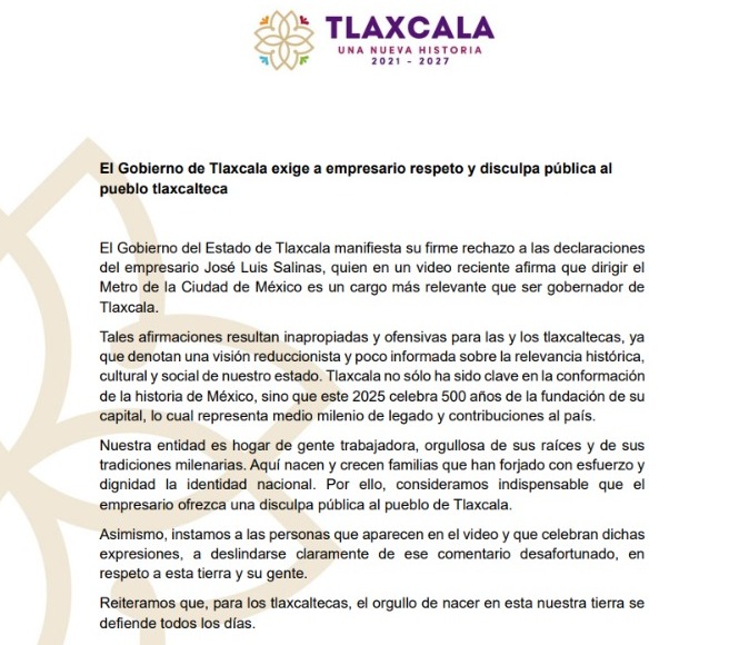 El Gobierno de Tlaxcala exige a empresario respeto y disculpa pública al pueblo tlaxcalteca